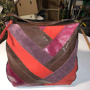 Women's Fossil Patchwork Leather Shoulder Bag, One Size, Red/Brown